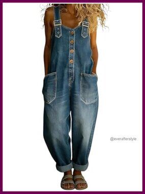 Denim Bib Overall Pants Wide Leg Button Front Jean Jumpsuit